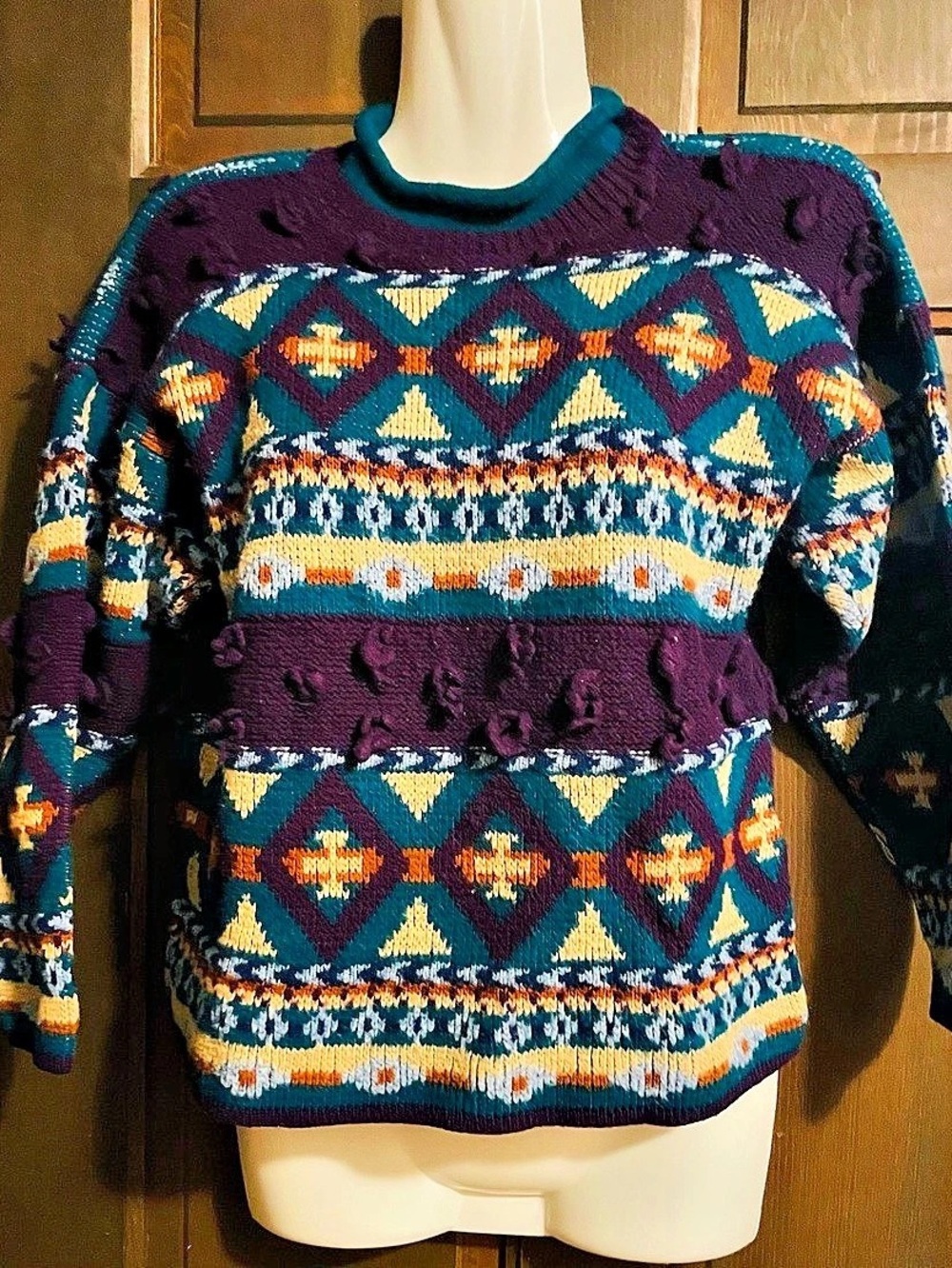New Moves 1980’s Children’s Geometric Knit Sweater Size Medium Purple & Green